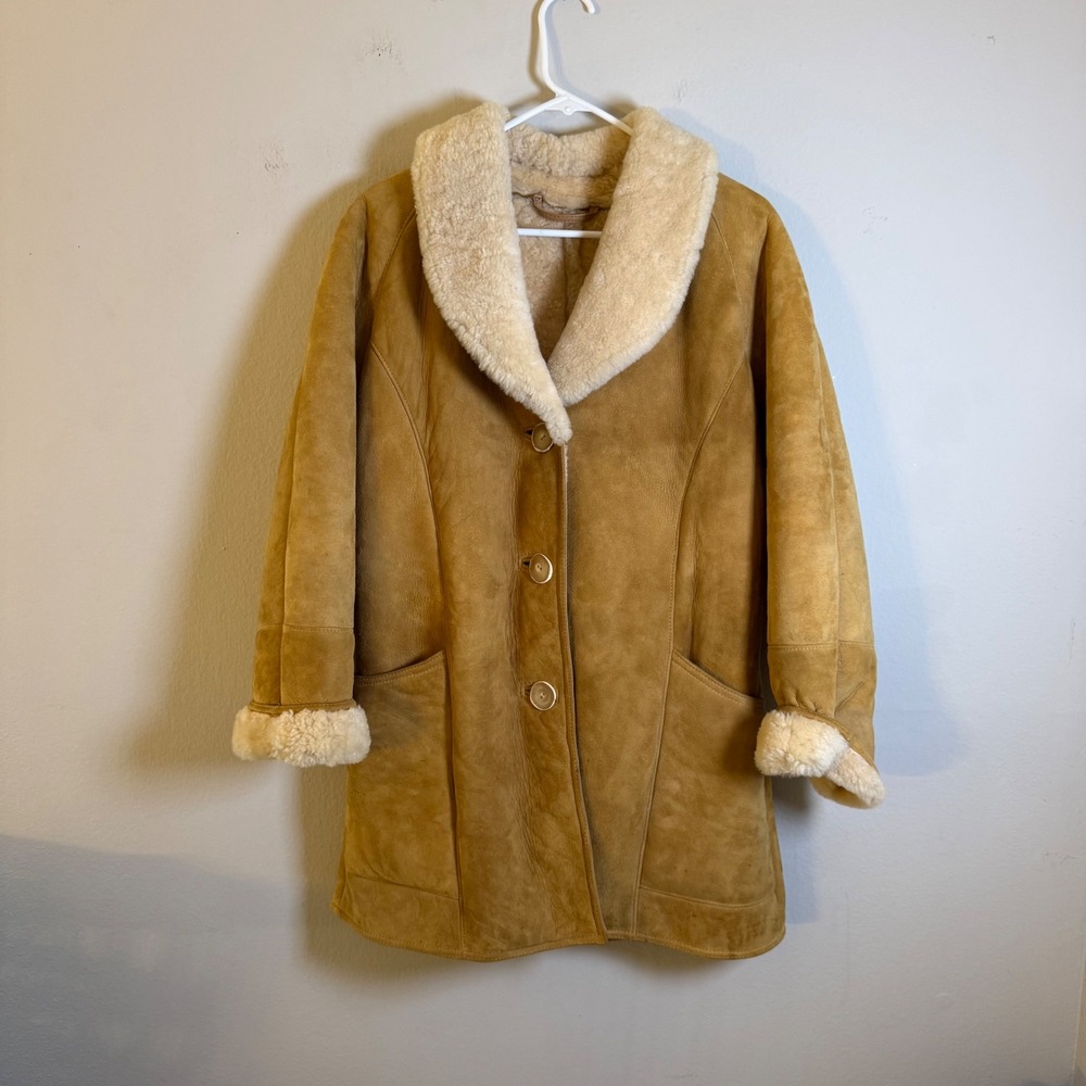Vintage Knight Tailors Ltd Shearling Sheepskin‎ Coat Tan Suede Wool Size 12